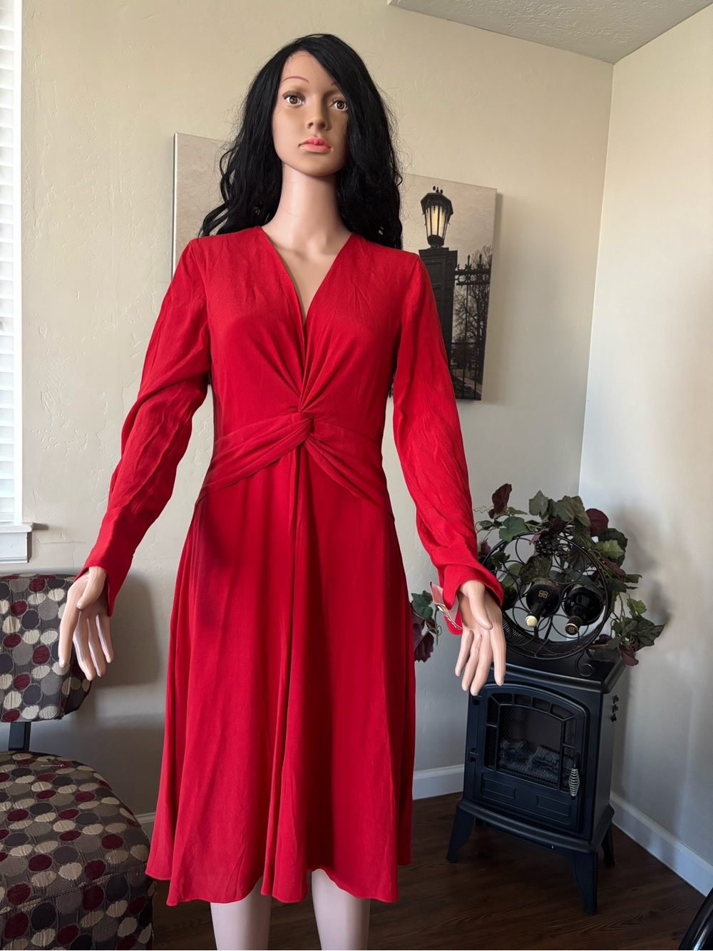 Equipment Red Long-Sleeve Twist-Waist Midi Dress
